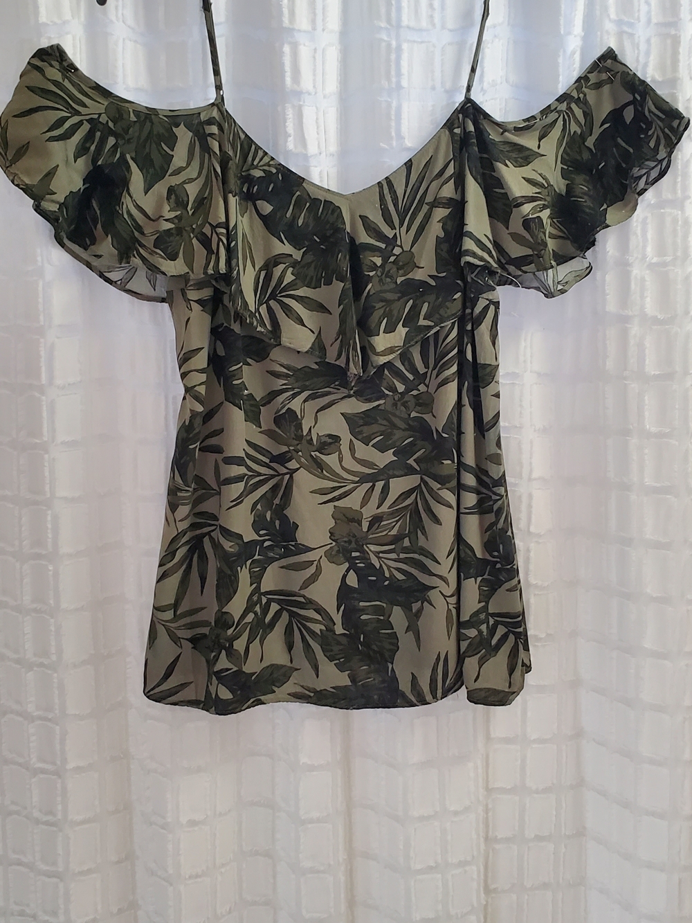Old Navy Olive Green Tropical Ruffle Off-Shoulder Tank